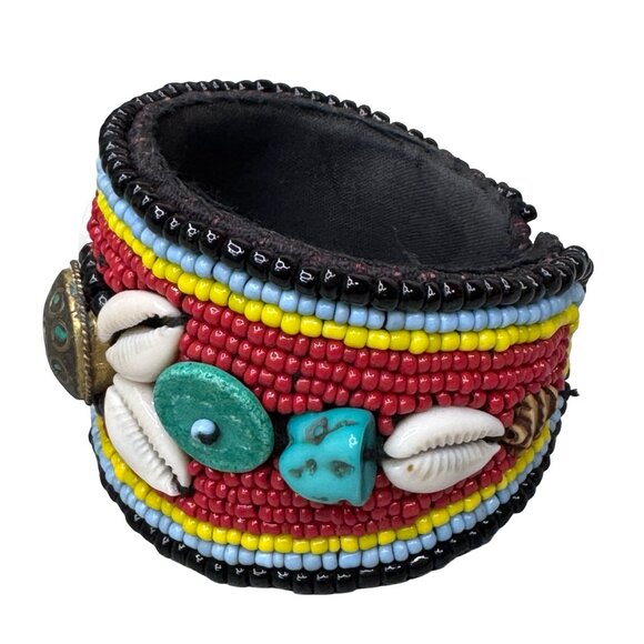 Vintage Tibetan Open Cuff Decorated Turquoise, Cowrie Shells Coral Glass Beads - Picture 8 of 10